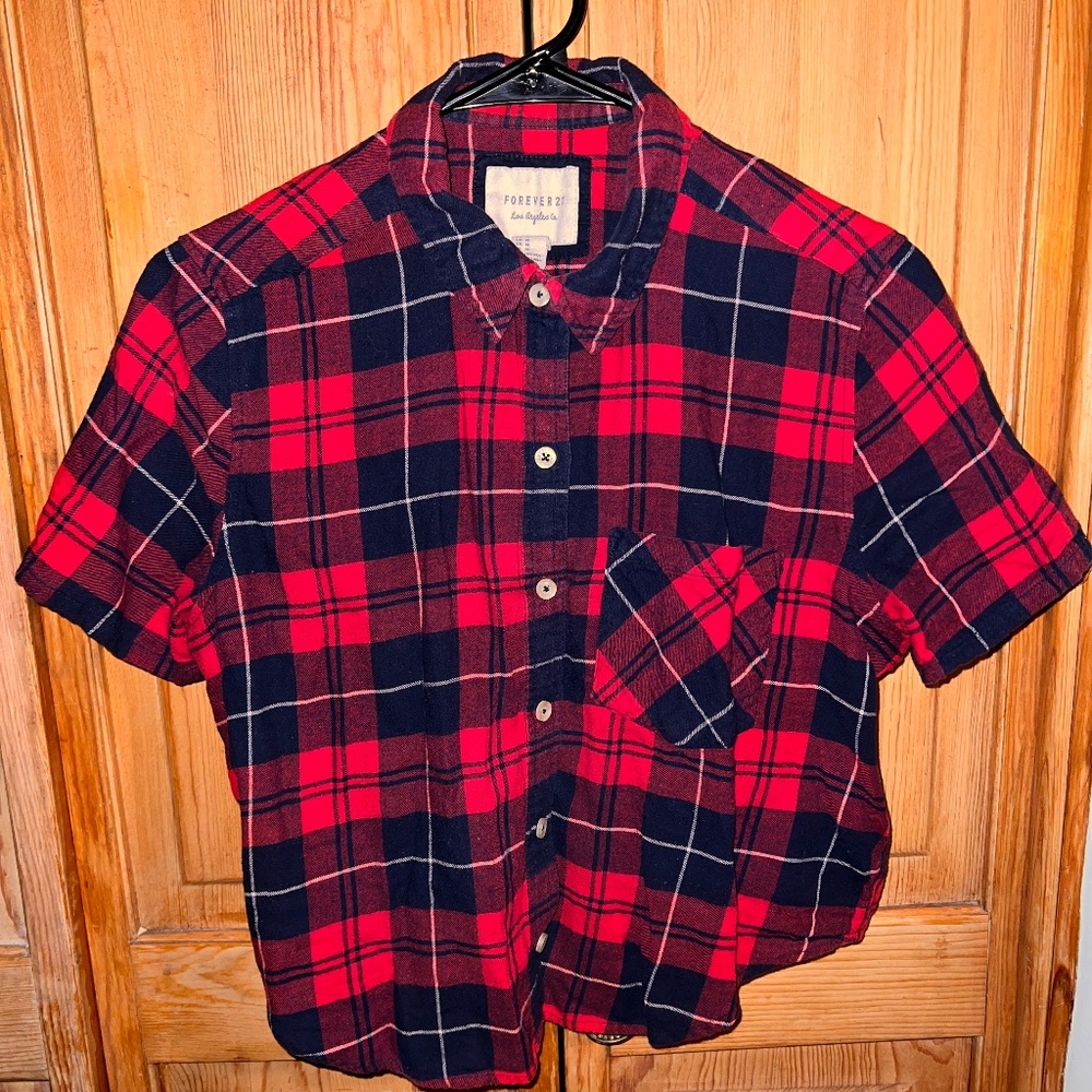 Forever 21 - Red and Navy Plaid Cropped Shirt - Size M